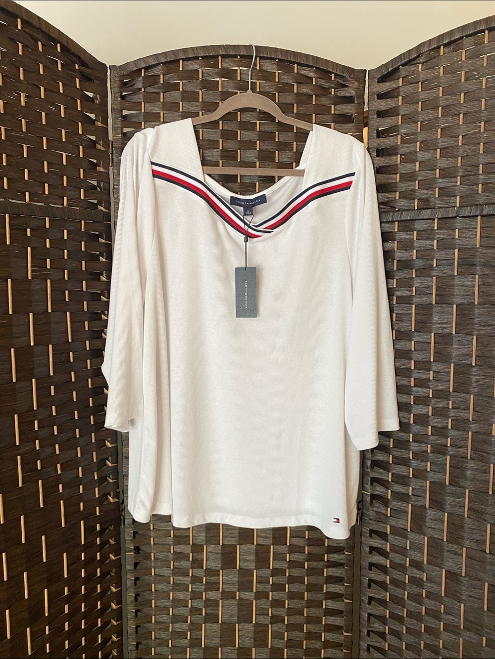 Tommy Hilfiger White V-Neck Top with Red & Navy Trim
